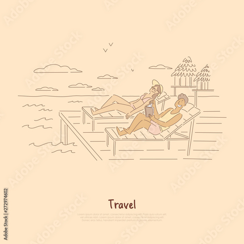 Seaside recreation, couple, friends sunbathing in deck-chairs, suntanned man reading book on sea resort banner