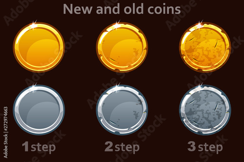 Coin icon. Vector Gold and silver coins. 3 steps of drawing a coin from new to old. Icons on a separate layer