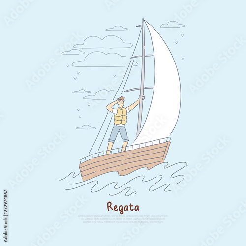 Regatta, yachting competition, young sailor pursuing competitors in sailboat using favourable wind banner