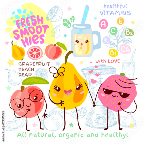Fresh smoothie recipe cute kawaii characters. Fruits ingredients glass jar vitamin funny style. Peach grapefruit pear smoothies green leaves mint. Hand drawn vector illustration.