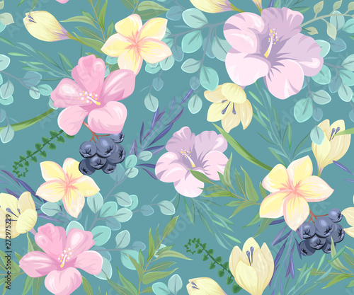 Seamless pattern with delicate flowers and leaves