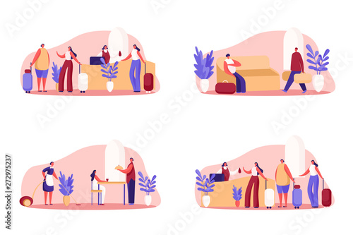 Hotel business, luxurious guesthouse, visitors with baggage check in, queue at reception, room service, cleaning and dinner