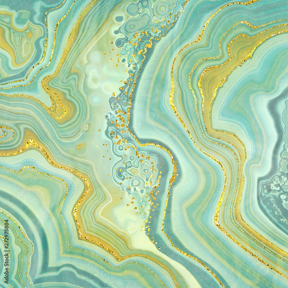 abstract background, fashion fake stone texture, green onyx jade agate or marble slab with gold glitter veins, wavy lines, painted artificial marbled surface, artistic marbling illustration - obrazy, fototapety, plakaty 