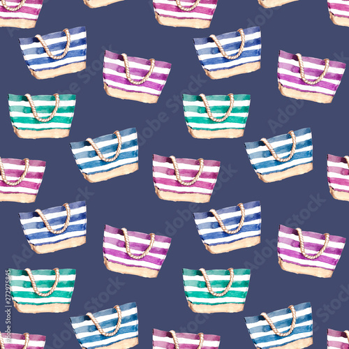 Watercolor hand drawn beach holiday bag illustration seamless pattern on dark blue background