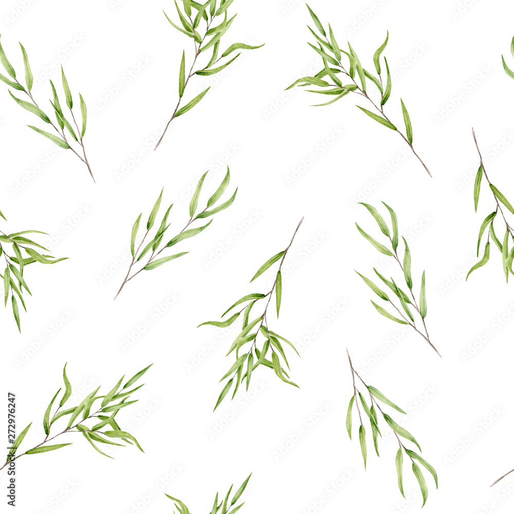 Naklejka premium Seamless pattern of watercolor sprigs of eucalyptus nicholii. Isolated hand painted green leaves on white perfect for card making, wallpaper, design and fabric textile. Illustration