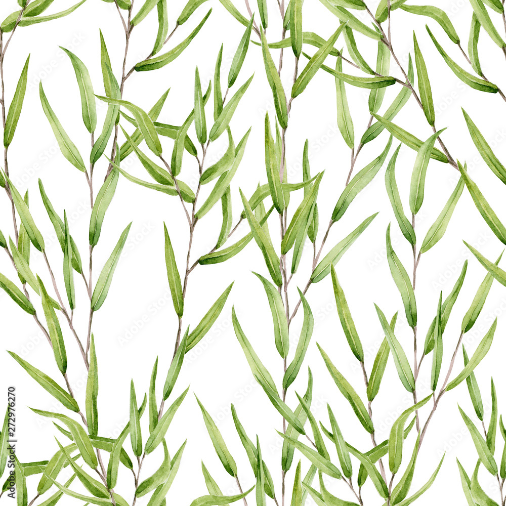Obraz premium Seamless pattern of watercolor sprigs of eucalyptus nicholii. Isolated hand painted green leaves on white perfect for card making, wallpaper, design and fabric textile. Illustration