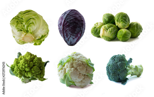 Various cabbages isolated on white background. Brussels sprouts, broccoli, cabbage Romanesco, cauliflower, white cabbage on white. Vegetables isolated on a white background. 