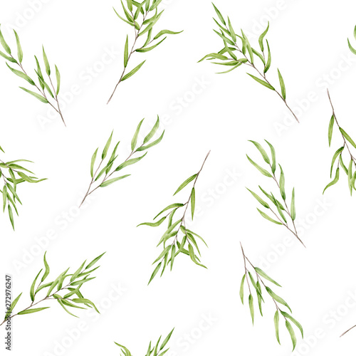 Seamless pattern of watercolor sprigs of eucalyptus nicholii. Isolated hand painted green leaves on white perfect for card making  wallpaper  design and fabric textile. Illustration