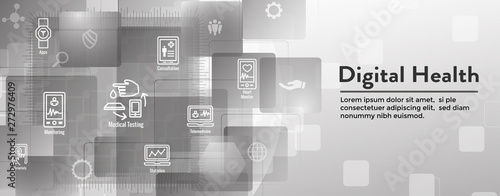 Digital Health Icon Set with Wearable Technology Web Header Banner
