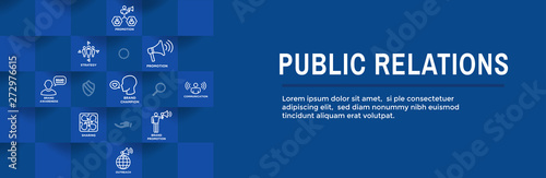 Public Relations Web Header Banner and Icon Set with brand awareness, strategy, and promotion