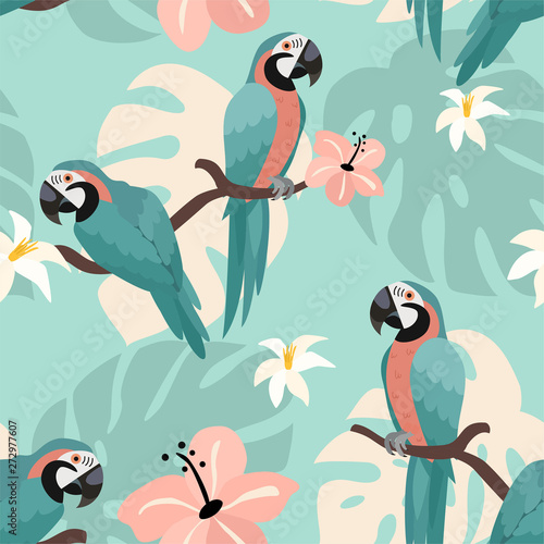 Tropical pattern with parrots and tropical leaves. Vector seamless texture. Trendy Illustration.