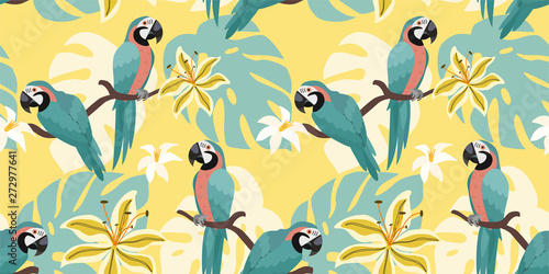 Tropical pattern with parrots and tropical leaves. Vector seamless texture. Trendy Illustration.