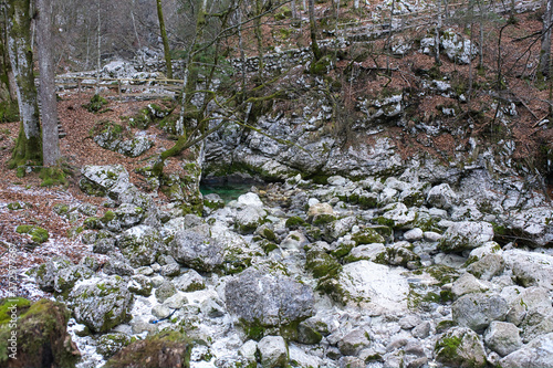 The picturesque park near Savica waterfall. Winter forest landscape © Sharonwildie