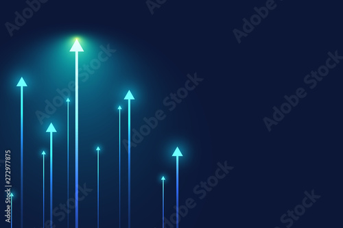Up arrows on blue background illustration vector for business and finance, copy space composition, minimalist style, growth concept. photo