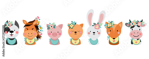 Animals with flowers on a white background. Dog, cat, cow, pig, fox,horse, rabbit, bunny. Cartoon cute illustration for baby shower invitations, cards, posters.