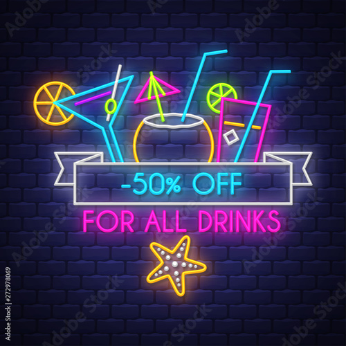 Summer sale banner for drinks. Neon sign lettering