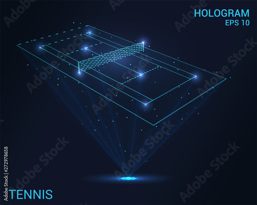 Hologram tennis. Holographic projection of the tennis court. Flickering energy flux of particles. The scientific design of the sport.
