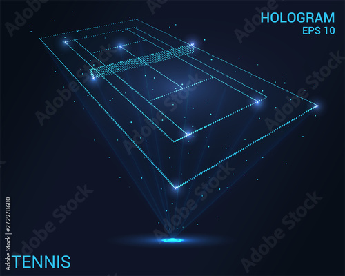 Hologram tennis. Holographic projection of the tennis court. Flickering energy flux of particles. The scientific design of the sport.