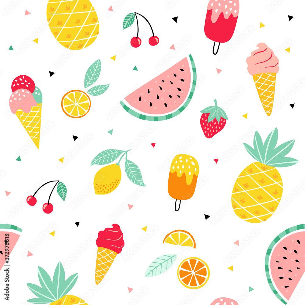 Summer fruit and ice cream pattern. Cute vector seamless background with pineapple, watermelon, lemon, orange, strawberry, ice cream cone, popsicle.