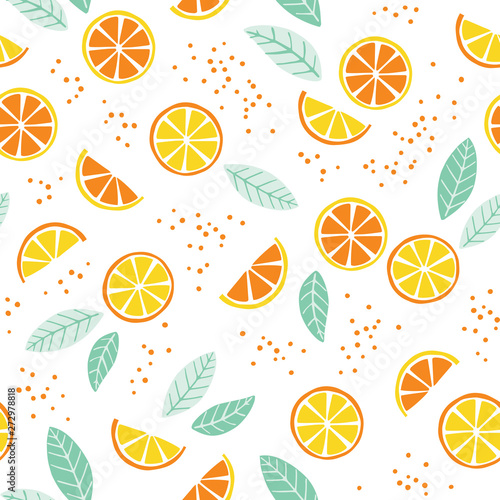 Seamless pattern with lemon and orange slices. Cute citrus summer background .