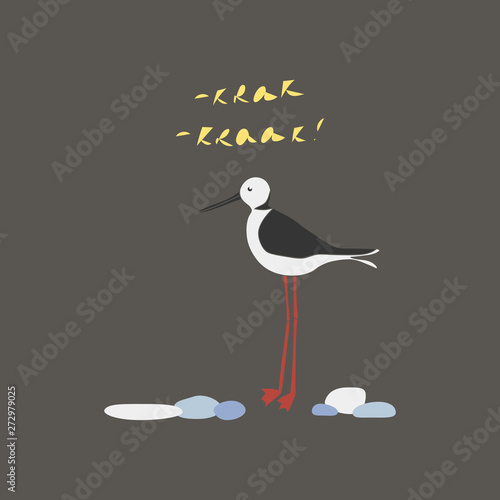Black-winged stilt vector hand drawn illustration. Sea bird among the stones and inscription Krak isolated clipart. Postcard design element, kids game, book, t-shirt, textile