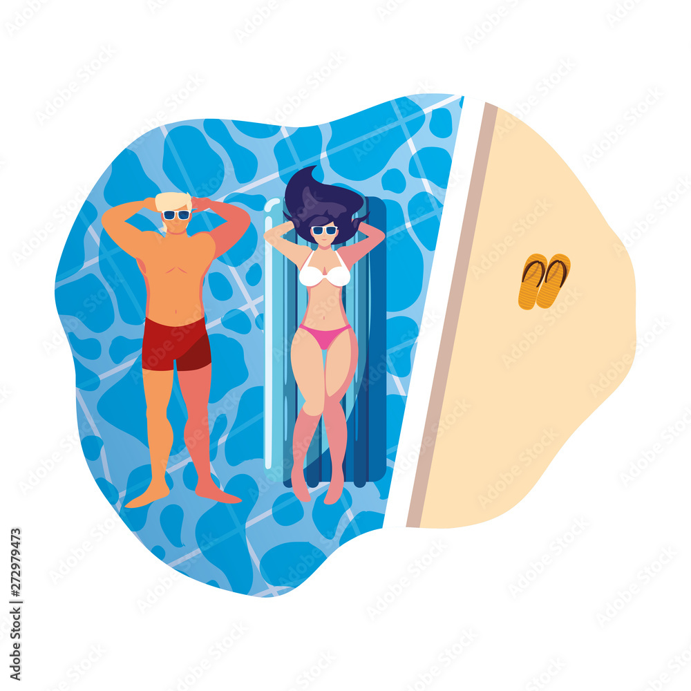young couple with float mattress in pool