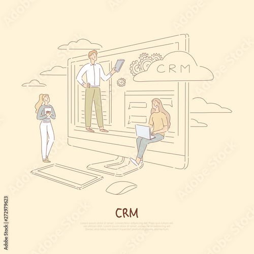 Client support system, company communication service, young colleagues analyzing data, crm software banner