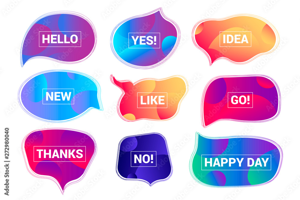 Abstract futuristic speech bubbles collection with gradient background. Dialog windows with phrases: Idea, Happy, Hallo, Go, Thank you, New, Like, No, Yes