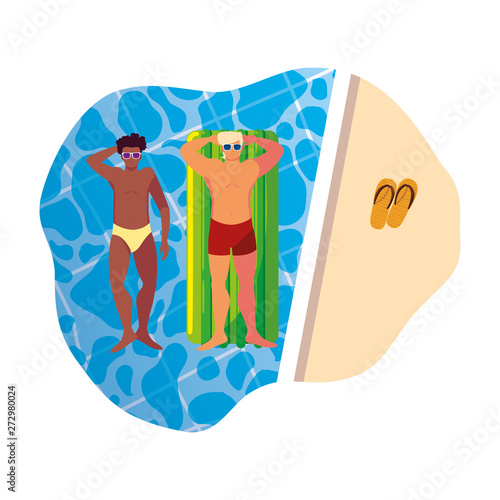 interracial men with swimsuit and float mattress in water