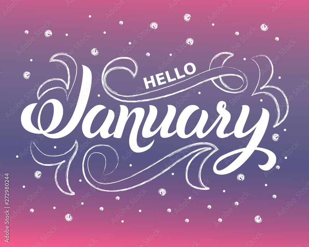 Vector illustration. Typographic composition. Lettering. Calligraphy. Hello December, January, February. Set elements for graphic design.
