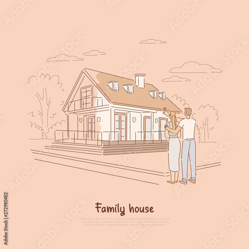 Young couple planning for dream home, family buying first living space together, standing in front of future estate banner