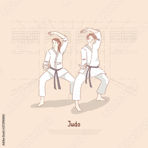 Young people in kimono training in dojo, trainer and student, man and woman practicing karate, self defence classes banner