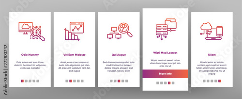 Data Analysis, Web Storage Onboarding Mobile App Page Screen Vector Icons Set. Data Science Thin. Server, Database, Cloud Computing. Diagrams, Statistics, Schemes. Information Analytics Illustrations