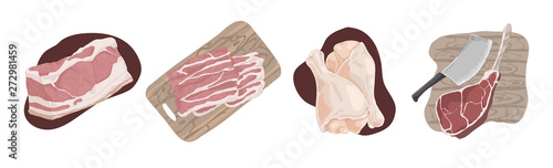 Raw uncooked meat, pork fillet, bacon slices, chicken legs, ham hough, beef gammon, delicious barbecue ingredients set