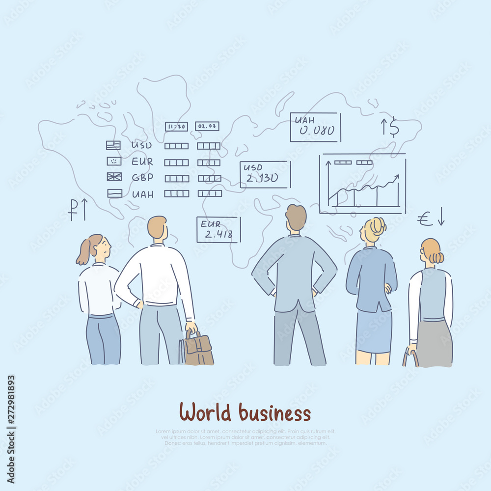 Global economy analytics, finance experts analysing word business rates, foreign currency stability banner Global economy analytics, finance experts analysing word business rates, foreign currency stability banner