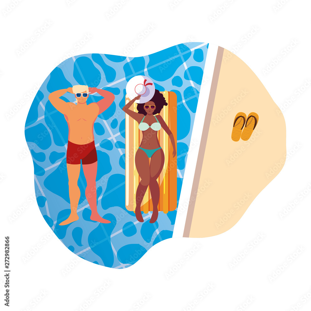 interracial couple with float mattress in water