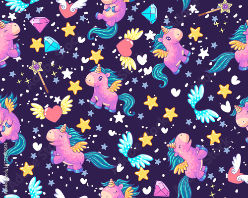 Cartoon magic seamless pattern. Decor elements set with cute unicorns with diamonds  hearts  magic and wings. It can be used for sticker  patch  phone case  poster  t-shirt  mug and other design.