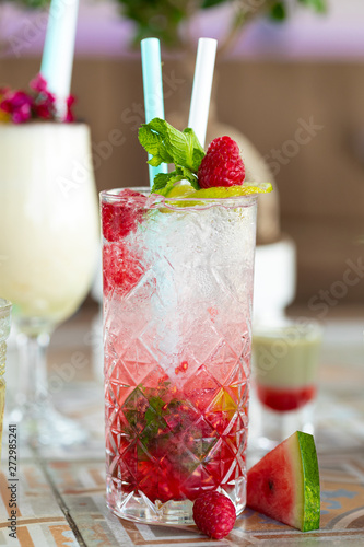 Принти на полотні Raspberry Mojito Lemonade with lime and fresh mint in glass