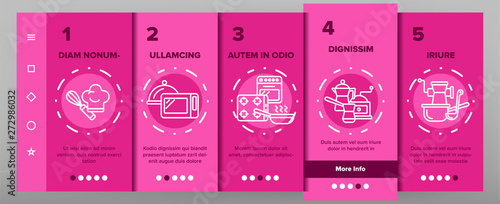 Cooking Items Vector Onboarding Mobile App Page Screen. Cooking Accessories Illustrations. Kitchen Equipment, Electronics Contour Symbols. Cookware, Saucepans, Bowl, Coffee Making Machines Pictograms