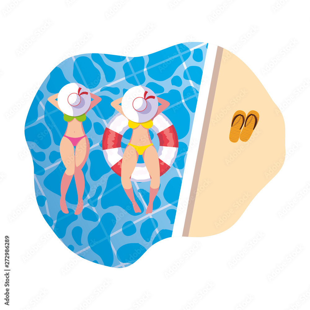 girls with swimsuit and lifeguard float in water