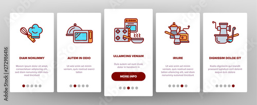 Cooking Items Vector Onboarding Mobile App Page Screen. Cooking Accessories Illustrations. Kitchen Equipment, Electronics Contour Symbols. Cookware, Saucepans, Bowl, Coffee Making Machines Pictograms