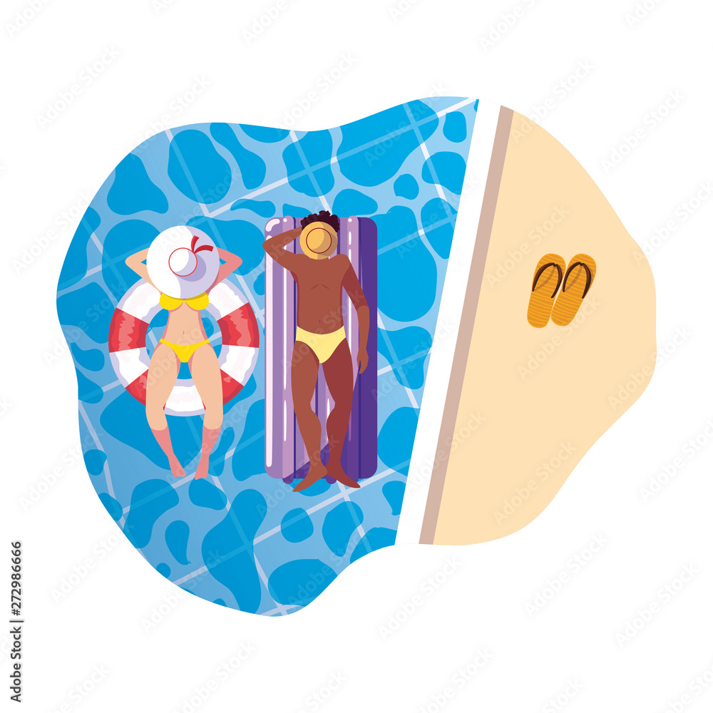 interracial couple with swimsuit and float in water interracial couple with swimsuit and float in water