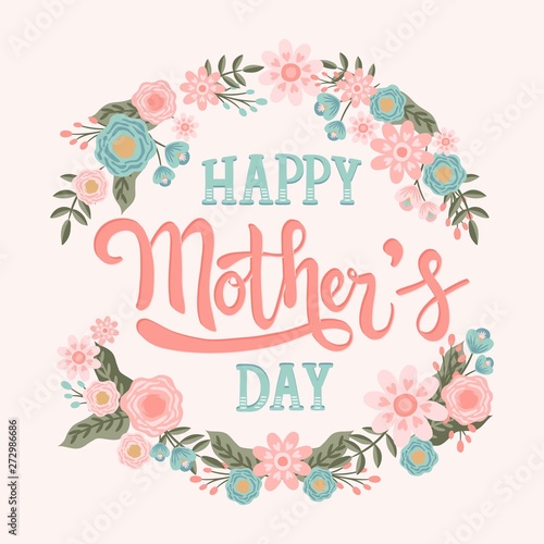 Happy Mother s Day Hand Lettering  with Flower Wreath Vector Calligraphy Lettering 