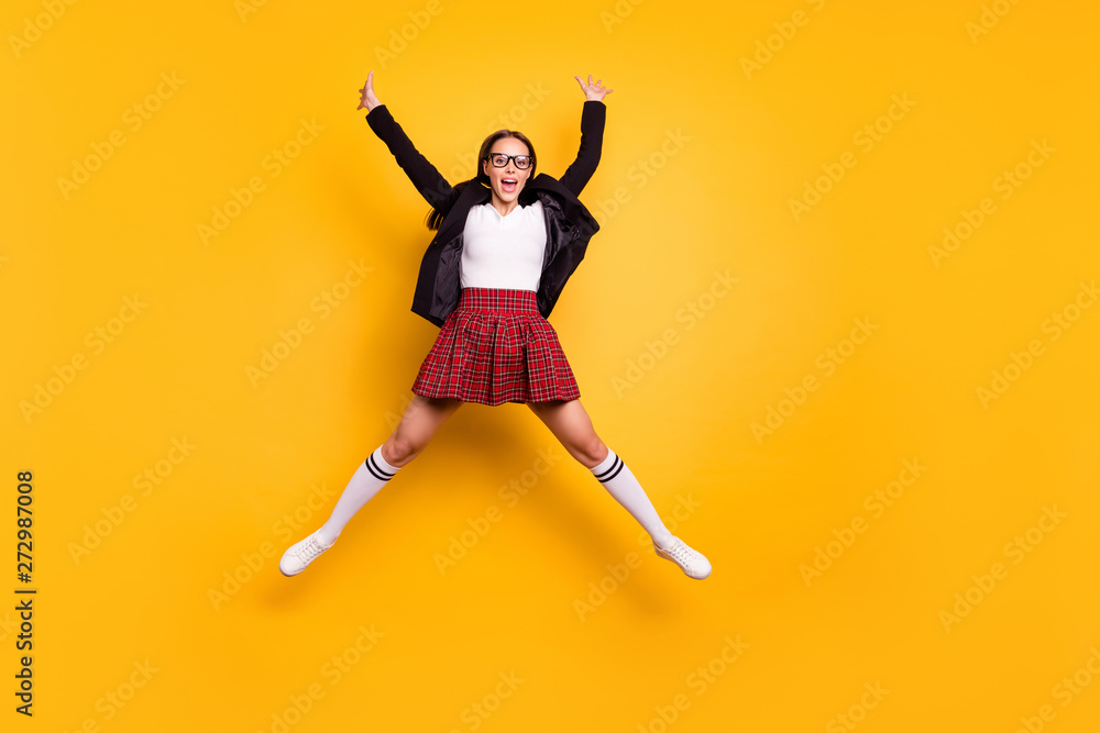Full length body size view photo of funny nice teen teenager dream dreamy raise hands isolated crazy black jacket trendy stylish tails socks blazer modern youth clothes colorful background