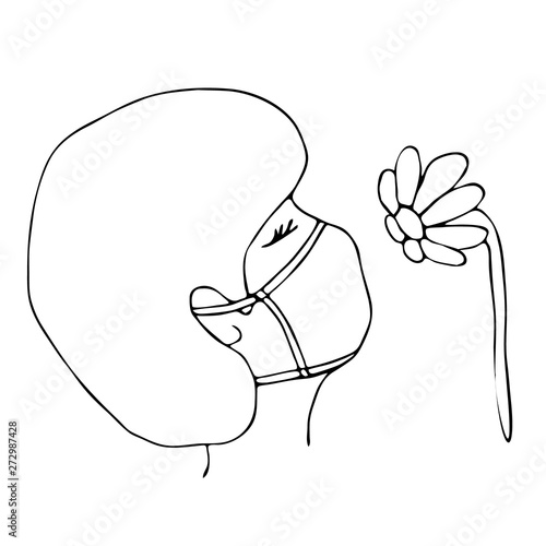 Outline portrait of allergy woman in medical mask suffering from allergies. Flower is her allergen.Girl snif red flower. Seasonal allergic reaction to pollen and flowering. Health and Allergy concept
