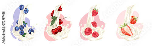 Natural milk flow with juicy blueberry, cherry, raspberry and strawberry, vitamin diet, sweet organic drink set