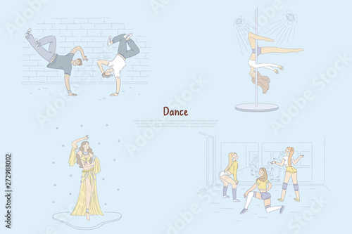 Modern and traditional choreography, break dancers doing tricks, twerking, belly-dance graceful pole dancer banner