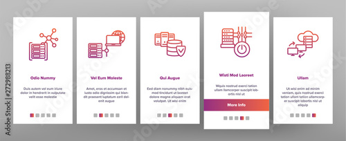 Data Center, Technology Onboarding Mobile App Page Screen Vector Icons Set. Data Analytics, Remote Access. Cloud Computing, Networking. Hosting Business Illustrations