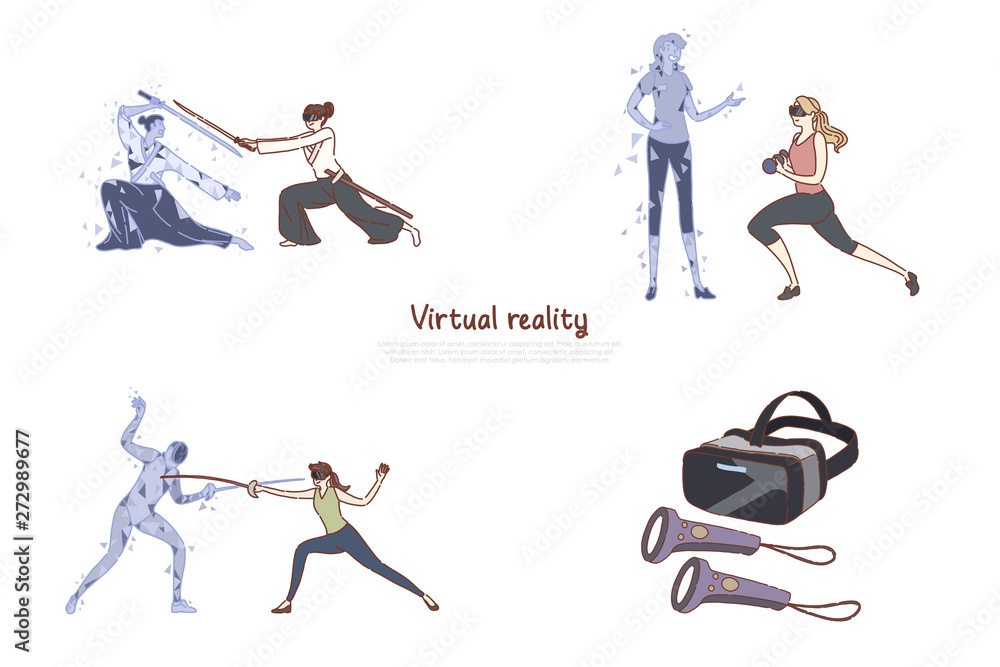 Women in vr headsets, ar leisure, fitness training, fencing, video game, digital entertainment, futuristic technology banner Women in vr headsets, ar leisure, fitness training, fencing, video game, digital entertainment, futuristic technology banner
