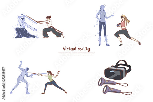 Women in vr headsets, ar leisure, fitness training, fencing, video game, digital entertainment, futuristic technology banner
